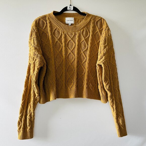 Pink Rose Womens Mustard Crew Neck Cable Stitch Knit Cropped Sweater Size Large - Picture 1 of 8